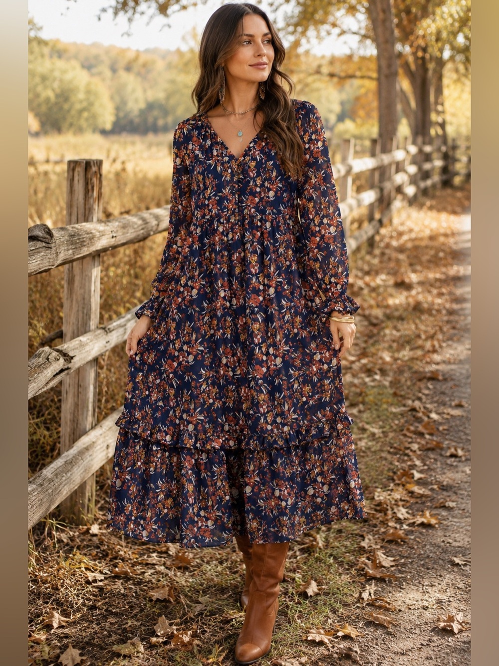 Kate & Sam Large Navy Floral Boho Tiered Maxi Dress Fall Prairie